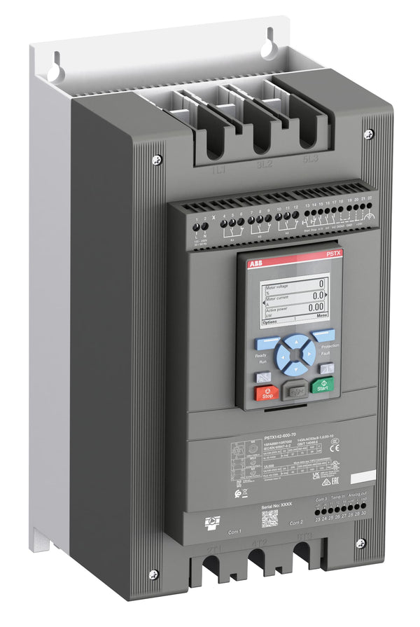 ABB PSTX142-600-70 soft starter (1SFA898110R7000), side view showing terminals and rating label